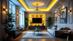 A photograph of a beautifully designed room featuring decorative recessed lighting that highlights architectural details and creates an inviting ambiance