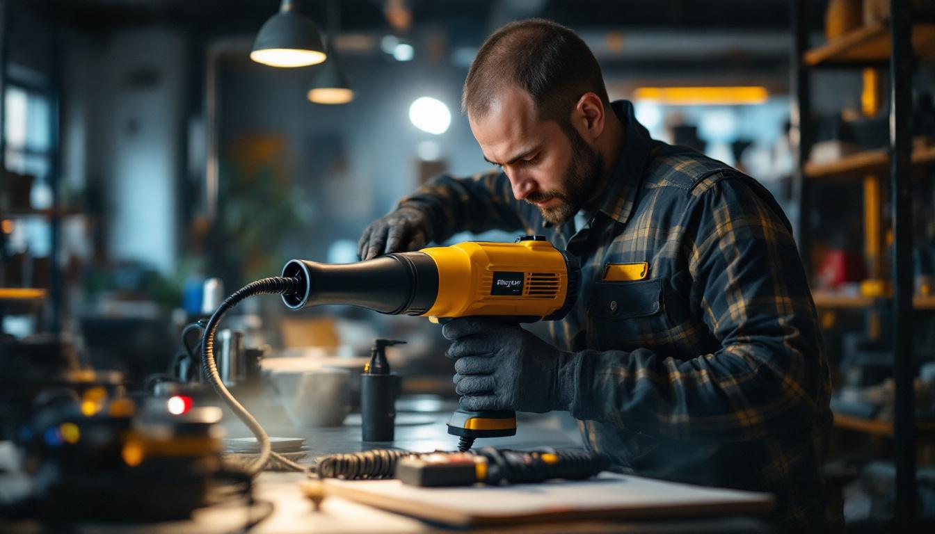 A photograph of a lighting contractor using a dryer with a regular plug in a well-lit workspace