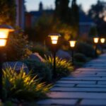 A photograph of a well-lit outdoor pathway featuring amazon solar path lights in use
