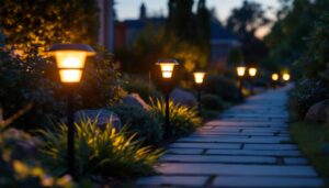 A photograph of a well-lit outdoor pathway featuring amazon solar path lights in use