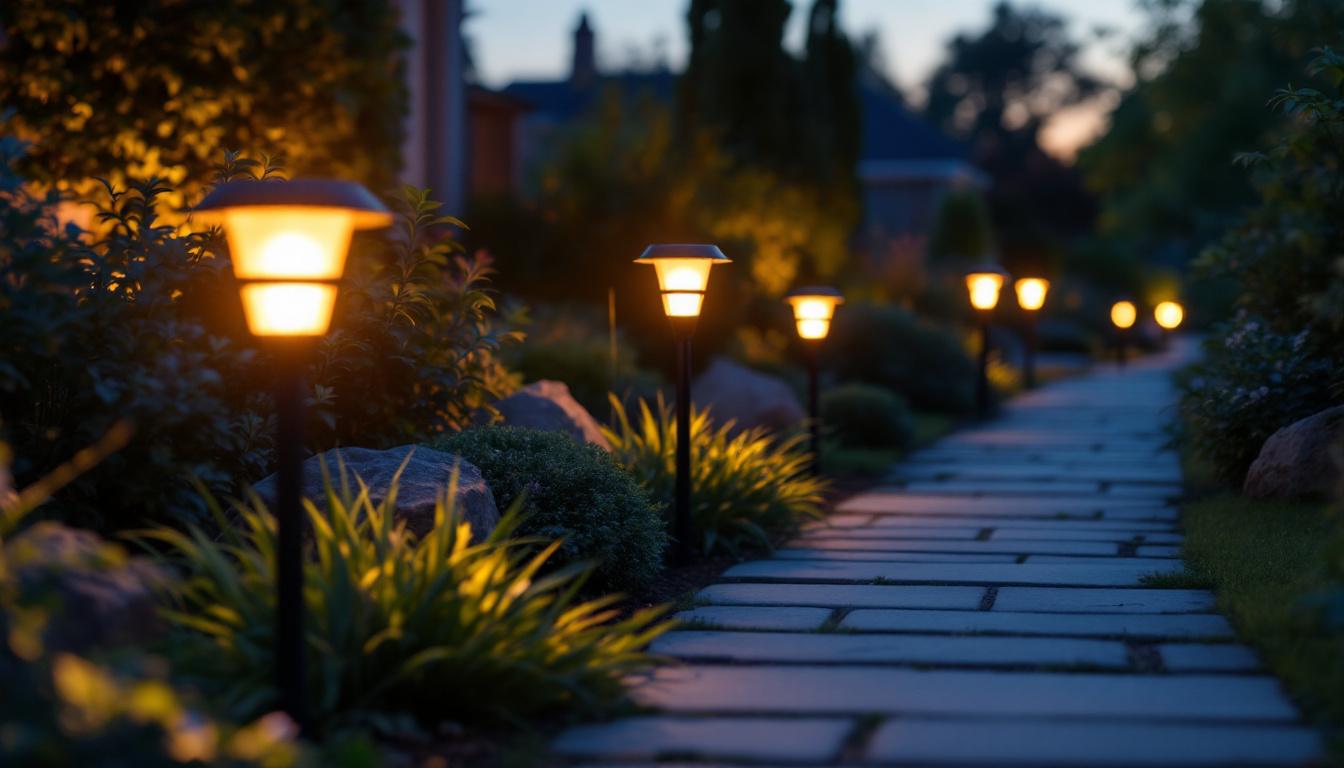 A photograph of a well-lit outdoor pathway featuring amazon solar path lights in use