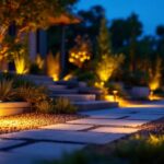 A photograph of a beautifully landscaped outdoor space illuminated by solar ground lights at dusk