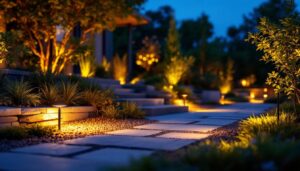 A photograph of a beautifully landscaped outdoor space illuminated by solar ground lights at dusk
