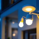 A photograph of a modern security light installation featuring various types of energy-efficient light bulbs in a residential or commercial setting