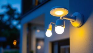 A photograph of a modern security light installation featuring various types of energy-efficient light bulbs in a residential or commercial setting