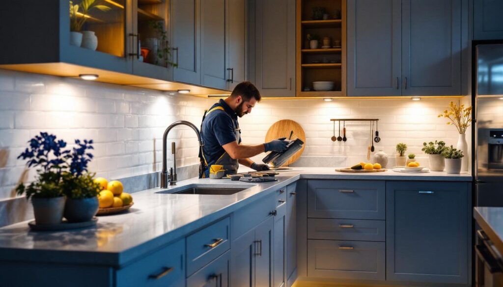 A photograph of a beautifully designed kitchen showcasing sleek under-cupboard spotlights illuminating the countertop