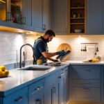 A photograph of a beautifully designed kitchen showcasing sleek under-cupboard spotlights illuminating the countertop