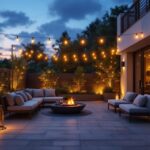A photograph of a beautifully designed outdoor patio illuminated by warm solar-powered lights at dusk