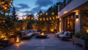 A photograph of a beautifully designed outdoor patio illuminated by warm solar-powered lights at dusk