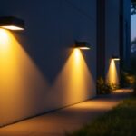 A photograph of a well-lit outdoor space featuring motion-sensored lights in action