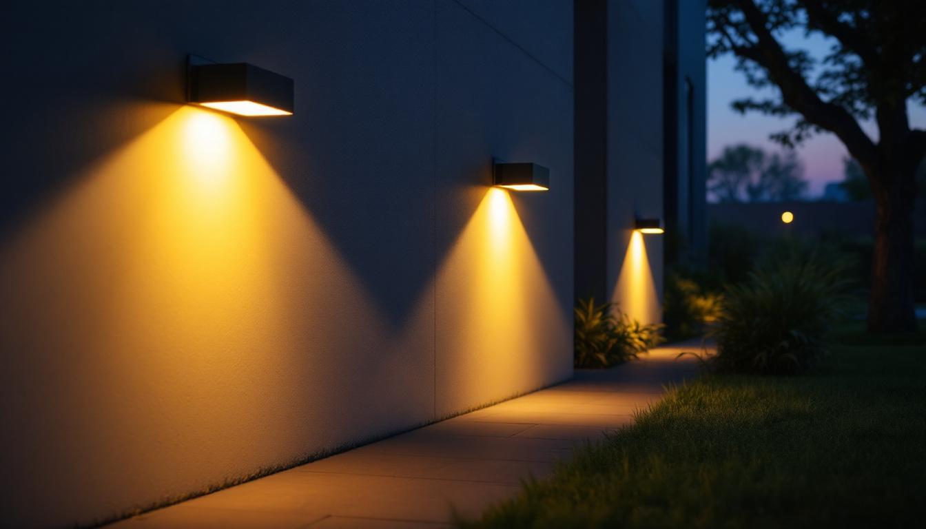 A photograph of a well-lit outdoor space featuring motion-sensored lights in action