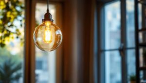 A photograph of a beautifully designed simple pendant light hanging in a well-lit