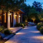 A photograph of a beautifully illuminated outdoor space at dusk
