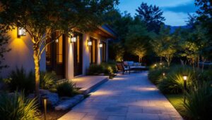 A photograph of a beautifully illuminated outdoor space at dusk