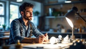 A photograph of a lighting contractor examining various par bulbs and their alternatives in a well-lit workspace