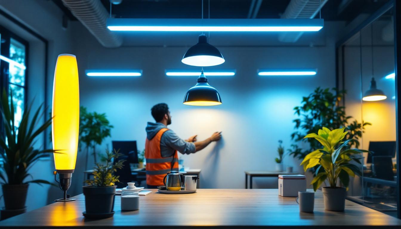 A photograph of a well-lit workspace featuring various types of fluorescent light diffusers in use