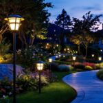 A photograph of a beautifully illuminated outdoor landscape featuring solar landscape lights in various settings
