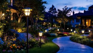 A photograph of a beautifully illuminated outdoor landscape featuring solar landscape lights in various settings