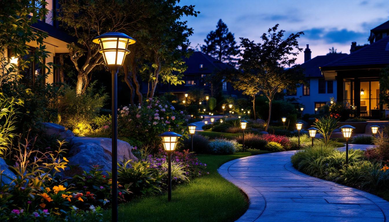 A photograph of a beautifully illuminated outdoor landscape featuring solar landscape lights in various settings