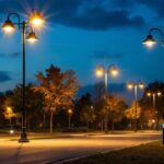 A photograph of a well-lit outdoor scene showcasing a variety of light poles in use