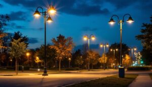 A photograph of a well-lit outdoor scene showcasing a variety of light poles in use
