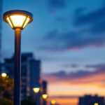 A photograph of a modern lamp post fixture illuminated at dusk