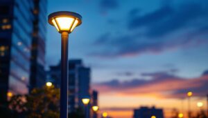 A photograph of a modern lamp post fixture illuminated at dusk