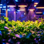 A photograph of a vibrant indoor vegetable garden illuminated by various types of growing lights
