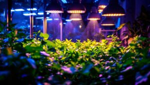 A photograph of a vibrant indoor vegetable garden illuminated by various types of growing lights