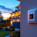 A photograph of a lighting contractor installing an outdoor lighting timer switch in a beautifully landscaped yard during twilight