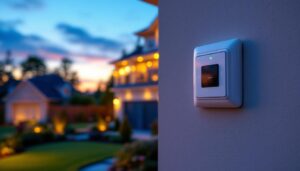 A photograph of a lighting contractor installing an outdoor lighting timer switch in a beautifully landscaped yard during twilight