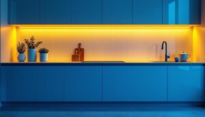A photograph of a beautifully illuminated kitchen showcasing under cabinet lighting