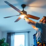 A photograph of a lighting contractor efficiently installing a stylish ceiling fan in a modern home setting