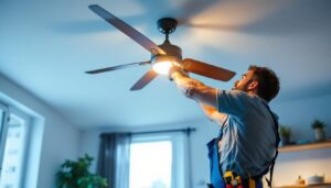 A photograph of a lighting contractor efficiently installing a stylish ceiling fan in a modern home setting