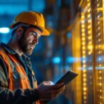 A photograph of a lighting contractor inspecting a vibrant led lighting installation at a commercial site
