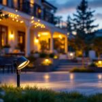 A photograph of a beautifully lit outdoor space showcasing various spotlight fixtures in action