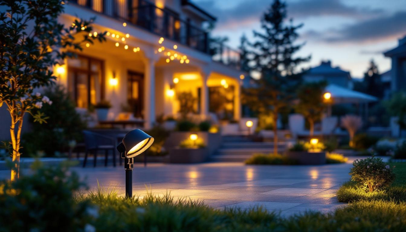 A photograph of a beautifully lit outdoor space showcasing various spotlight fixtures in action