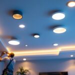 A photograph of a well-lit ceiling featuring various styles of flush lights installed in a modern living space
