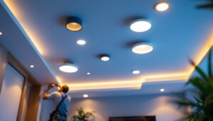 A photograph of a well-lit ceiling featuring various styles of flush lights installed in a modern living space