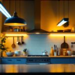 A photograph of a well-designed kitchen featuring modern fluorescent light fixtures that highlight the space's functionality and aesthetics