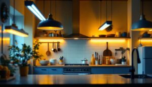 A photograph of a well-designed kitchen featuring modern fluorescent light fixtures that highlight the space's functionality and aesthetics