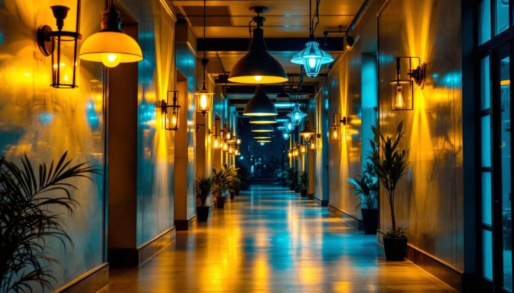 A photograph of a beautifully illuminated hallway featuring a variety of stylish light fixtures