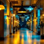 A photograph of a beautifully illuminated hallway featuring a variety of stylish light fixtures