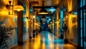 A photograph of a beautifully illuminated hallway featuring a variety of stylish light fixtures