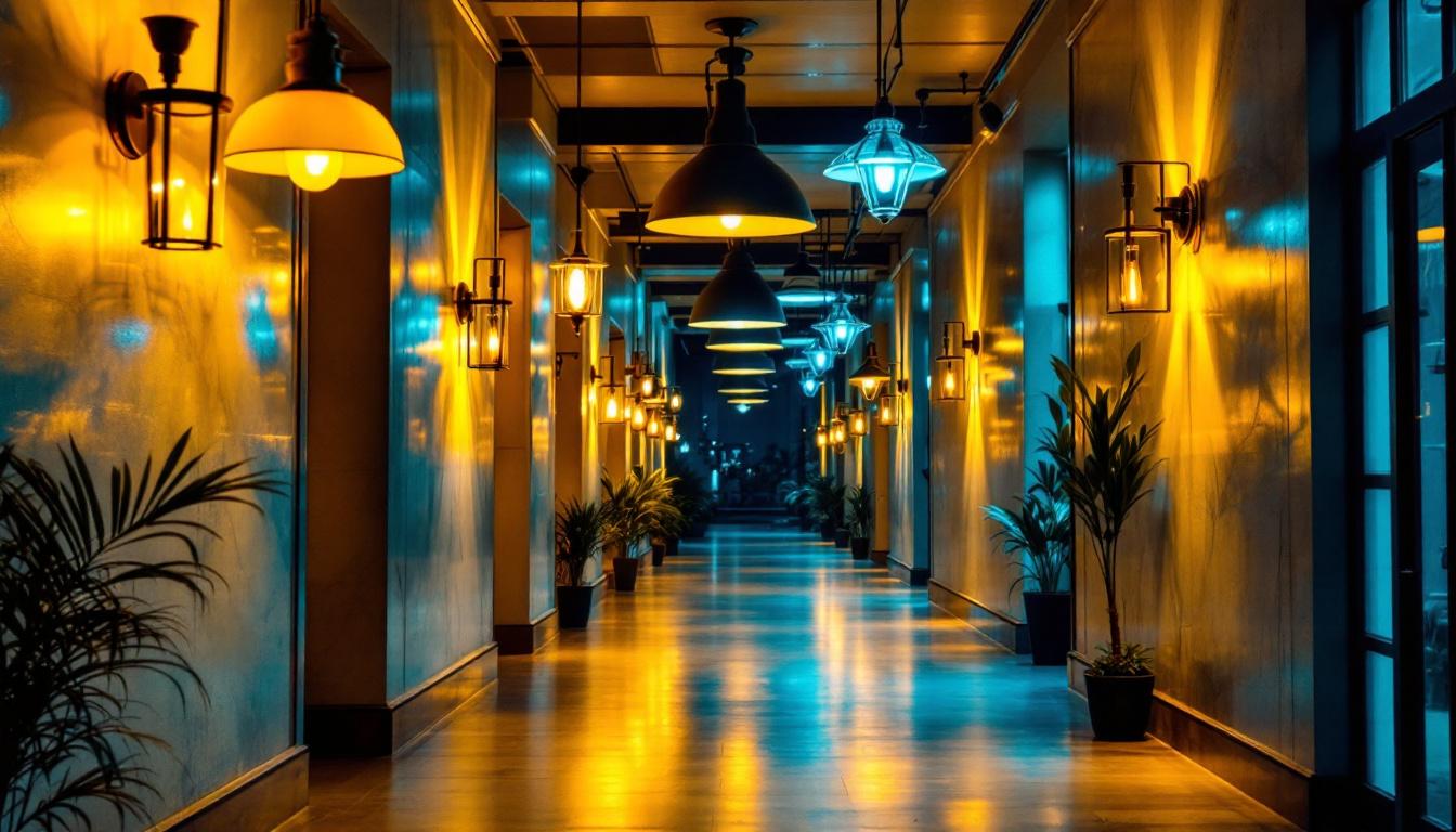 A photograph of a beautifully illuminated hallway featuring a variety of stylish light fixtures