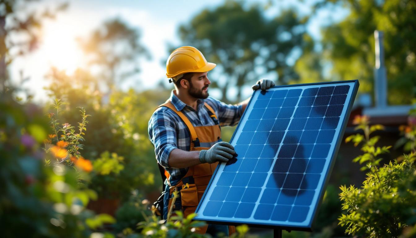 A photograph of a lighting contractor expertly installing an outdoor solar light panel in a residential garden