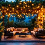 A photograph of a beautifully illuminated outdoor patio adorned with twinkle lights