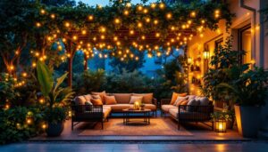 A photograph of a beautifully illuminated outdoor patio adorned with twinkle lights