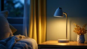 A photograph of a stylish motion-activated lamp in a cozy