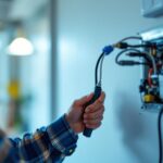 A photograph of a lighting contractor examining a house fan switch installation